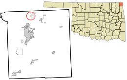 Location within Ottawa County and the state of Oklahoma showing former municipal boundaries