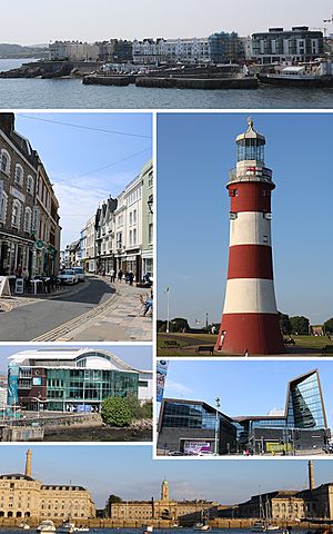 Clockwise from top: West Hoe, Smeaton's Tower, University of Plymouth, Royal William Yard, National Marine Aquarium, Southside St, Barbican