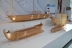 1-10 model reconstructions of Roman ships, 5- Dromon of the Byzantine navy (10-12th centuries AD), left- Bireme of the Neumagen Type (220 - 230 AD), Museum für Antike Schiffahrt, Mainz (34729616210)