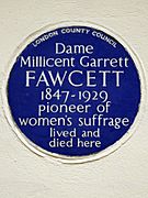 Dame Millicent Garrett Fawcett 1847-1929 pioneer of women's suffrage lived and died here