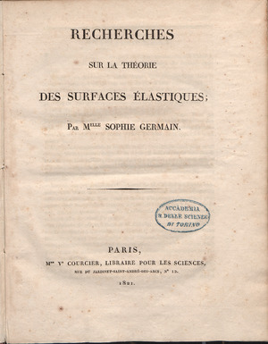 Germain - Récherches sur la théorie des surfaces élastiques, 1821 - 723413