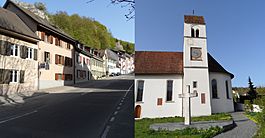 Street in Flüh and church of Hofstetten