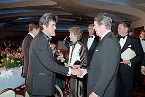 President Ronald Reagan shaking hands with Jay Leno