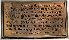Sir William Orfeur Cavenagh plaque, St Mary's Church, Long Ditton