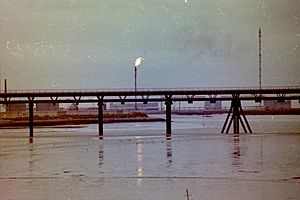 Coryton refinery flare stacks and Occidental jetty - Mar 1981