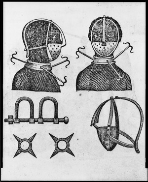 Iron mask, collar, leg shackles and spurs used to restrict slaves LCCN98504457