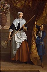 A woman wearing a white hood and apron holds a broom. A boy wearing a rich blue suit pulls back a curtain to look at her.