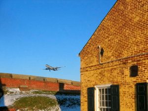 US Airways Airbus A330 landing at PHL, as seen from Fort Mifflin