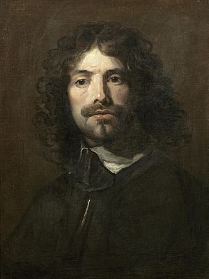 Portrait of the artist, bust length in a black tunic and white collar