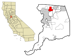 Location in Sacramento County (on the right side) and of Sacramento County in the state of California (on the left side)