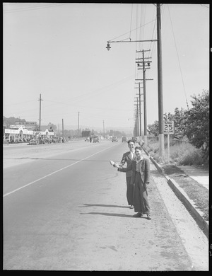 San Leandro, California. Hitch-Hiking. High school boys thumbing for a local ride to visit friends on a Saturday - NARA - 532091