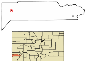 Location of the Town of Dove Creek in Dolores County, Colorado.