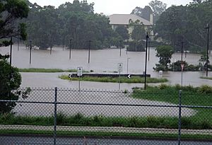 Flooding near the Queensland Tennis Centre and government Animal Research Centre, Yeerongpilly