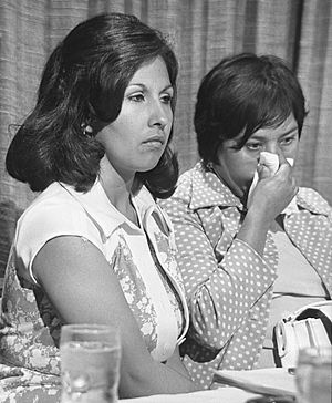 Gloria Molina and Dolores Madrigal holding news conference announcing class action suit against hospital in Los Angeles, 1975