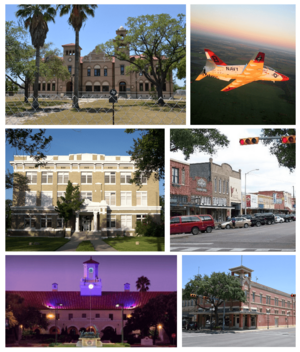 Clockwise from top: Kingsville City Hall, T-45 Goshawk assigned to Naval Air Station Kingsville, Downtown Kingsville, John B. Ragland Mercantile Company Building, College Hall at Texas A&M University-Kingsville, and the Kleberg County Courthouse