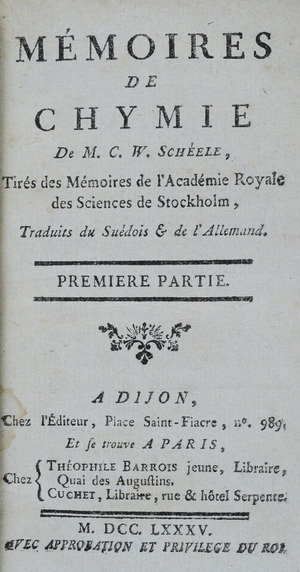 Mémoires de chymie Scheele RGNb10364341.02.vol I.tp 1785