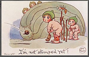 MG I'm not stumped yet! (cricket) c. 1916, colour postcard by May Gibbs (39852404782)