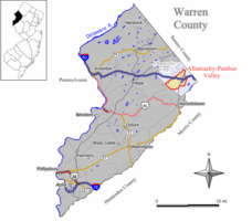 Map of Allamuchy-Panther Valley CDP in Warren County. Inset: Location of Warren County in New Jersey.