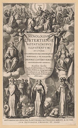Allegorische titelpagina met Cisterciënzer heiligen Titelpagina voor Chrysostomus Henriquez, Menologium Cistertiense Notationibus illustratum, Antwerpen, 1630, RP-P-OB-6929