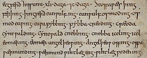 Anglo-Saxon Chronicle - Offa's ancestors (British Library Cotton MS Tiberius A VI, folio 12v)