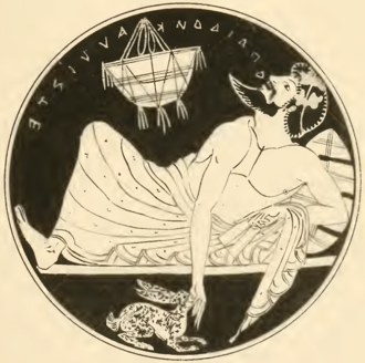 Tanagra, 5th century kylix a symposiast sings Theognis o paidon kalliste
