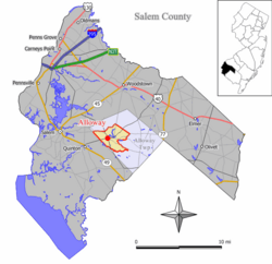 Map of Alloway CDP in Salem County. Inset: Location of Salem County in New Jersey.