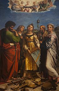 Bologna Pinacoteca Nazionale - Rafaël Santi (1483-1520) - Heilige Cecilia in extase met Paulus, Johannes (evangelist), Augustinus en Maria Magdalena - 26-04-2012 9-13-18
