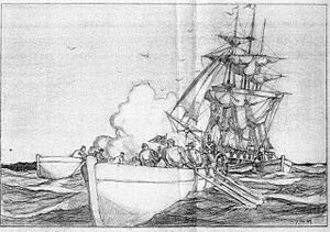 Henry Bulls Watson's Marines of the USS Portsmouth proceding ashore on July 9, 1846 to hoist the American flag at Yerba Buena, San Francisco