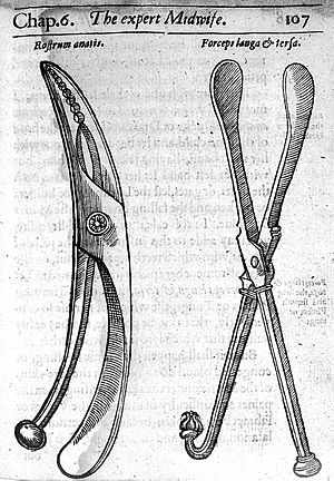 J. Rueff, "Expert midwife", 1637; forceps Wellcome L0017406
