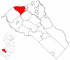 Greenwich Township highlighted in Gloucester County. Inset map: Gloucester County highlighted in the State of New Jersey.