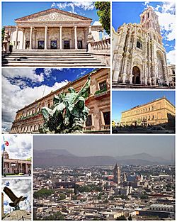 From top to bottom and from left to right: Fernando Soler City Theater, Saltillo Cathedral, Plaza de la Nueva Tlaxcala, Government Palace, Palace of the Congress of the State of Coahuila, Museum of the Birds of Mexico and Panoramic of the city.