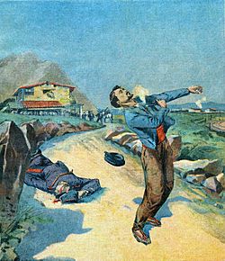 A man in the foreground fires a pistol into his chest; a dead policeman's body is crumbled behind him; in the distance are mountains, a town, and onlookers