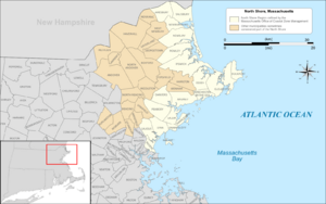 Map of the North Shore region of Massachusetts highlighted in yellow based on the region defined by the Massachusetts Office of Coastal Zone Management, with areas sometimes included in the region on other lists highlighted in light brown