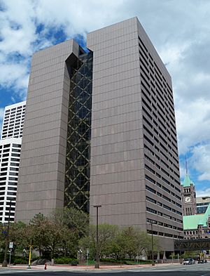 The Hennepin County Government Center, located in the county seat of Minneapolis. Its stylized letter "H" shape serves as the logo for Hennepin County.