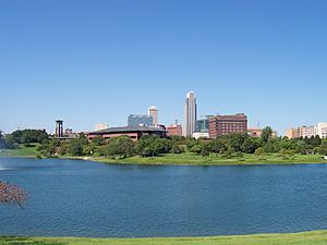 Skyline of the Downtown Omaha, Nebraska from Heartland of America Park