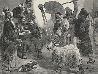 An elaborate line-drawing of a man presenting a goat surrounded by other men and children