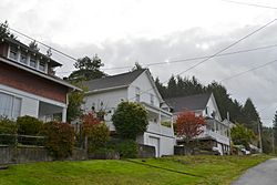 Photograph of three houses along a street.