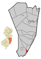 Map of Beach Haven in Ocean County. Inset: Location of Ocean county highlighted in the State of New Jersey.