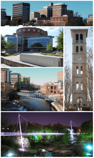 Clockwise from top left: Downtown, Furman University Bell Tower, Falls Park on the Reedy, Reedy River, Peace Center