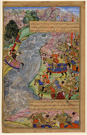 Jalal al-Din Khwarazm-Shah crossing the rapid Indus river, escaping Chinggis Khan and his army