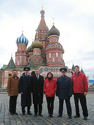 Soyuz TMA-20 prime and backup crews in front of St. Basil's Cathedral