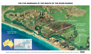 Map -- location of barrages at the mouth of the River Murray