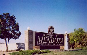 Welcome sign at south end of Mendota along Highway 180