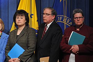 Dr. Yvette Roubideaux, Director of Indian Health Services (IHS) and Pamela S. Hyde listen to remarks during the HHS 2014 Budget Press Conference, April 10, 2013.