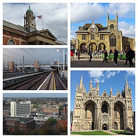 Clockwise from top left: the town hall, the Cathedral Square and the guildhall, cathedral, city skyline and railway station