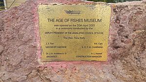 Plaque commemorating the opening of the age of fishes museum canowindra nsw