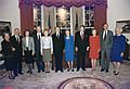President and Mrs. Bush pose with the former presidents and first ladies in the replica of the Oval Office at the... - NARA - 186441