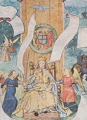 Queen Mary I enthroned and flanked by angels