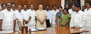 Shri Vijayakanth with DMDK delegation calling on the Prime Minister, Shri Narendra Modi, in New Delhi on April 27, 2015