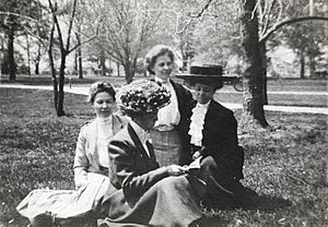 (left to right) An unidentified woman (possibly Alice Haskins) sitting with Lucia McCulloch (1873-1955), Clara H. Hasse (1880?-1926), and Mary K. Berger (5494402384)